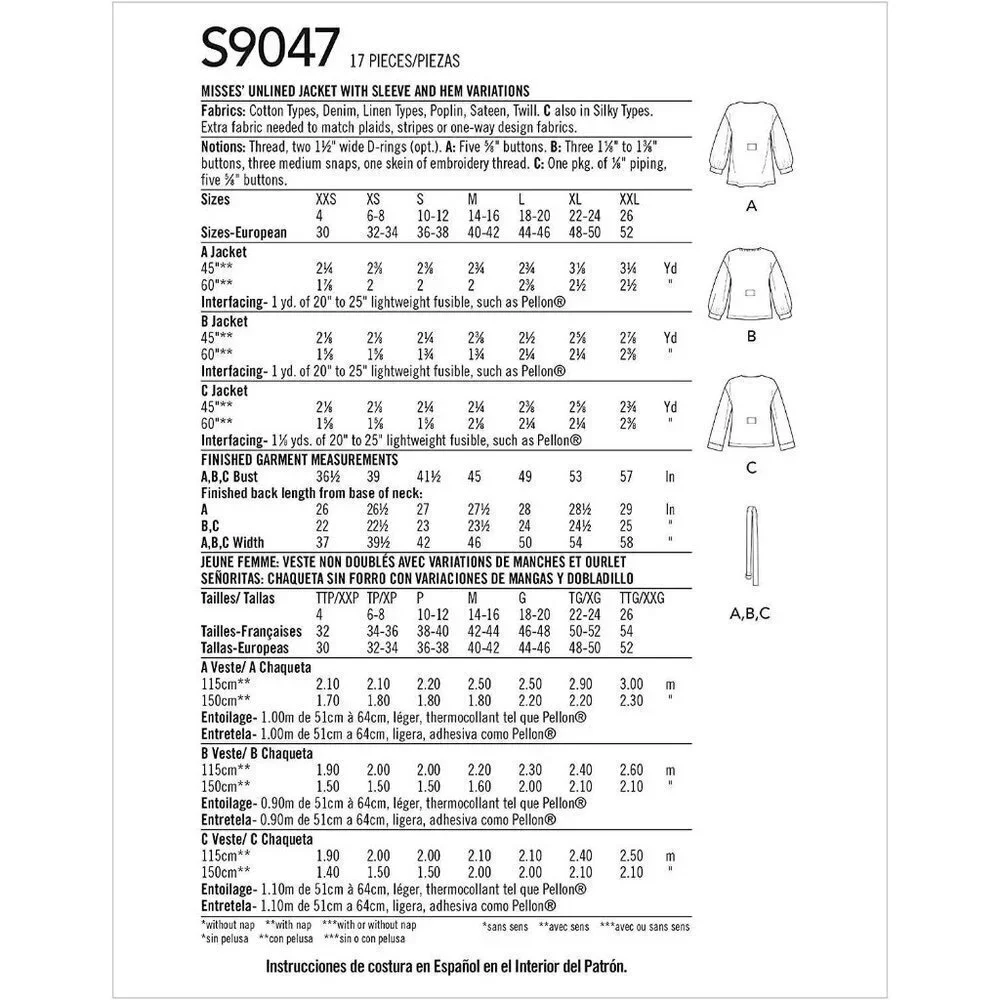 Simplicity‎ Sewing Pattern 10427 9047 Unlined Jacket Waist Belt Misses XXS-XXL